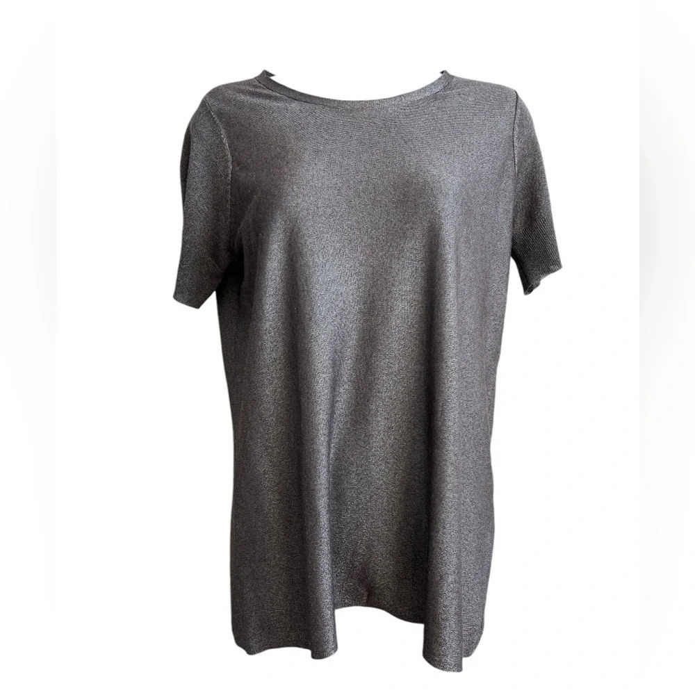 EILEEN FISHER CREWNECK SHEER LIQUID SHINE BOXY TUNIC COLOR BARK SIZE XS
